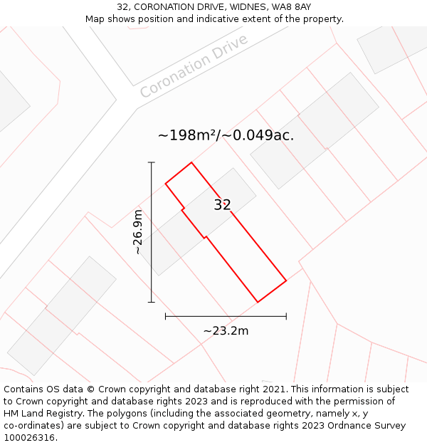 32, CORONATION DRIVE, WIDNES, WA8 8AY: Plot and title map