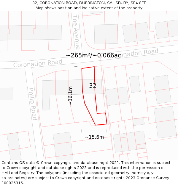 32, CORONATION ROAD, DURRINGTON, SALISBURY, SP4 8EE: Plot and title map