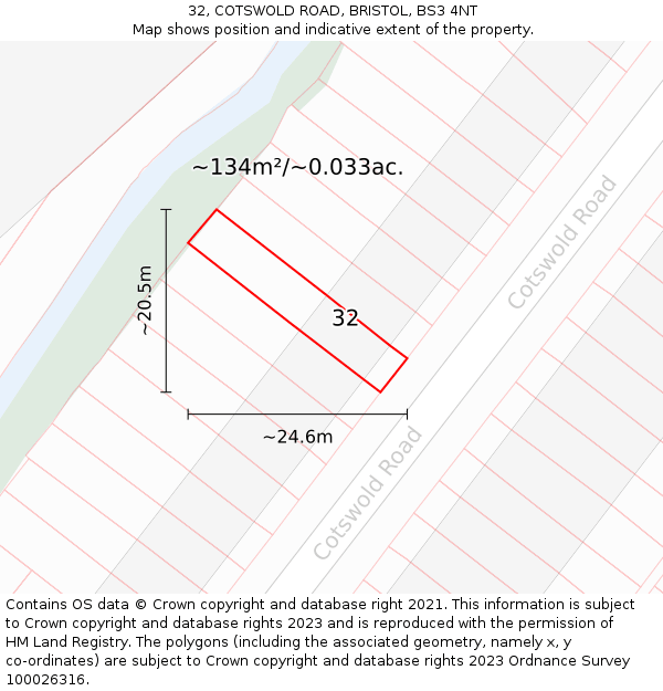 32, COTSWOLD ROAD, BRISTOL, BS3 4NT: Plot and title map