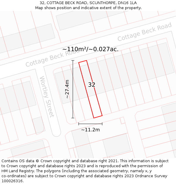 32, COTTAGE BECK ROAD, SCUNTHORPE, DN16 1LA: Plot and title map
