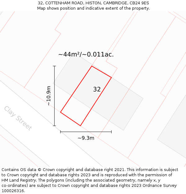 32, COTTENHAM ROAD, HISTON, CAMBRIDGE, CB24 9ES: Plot and title map