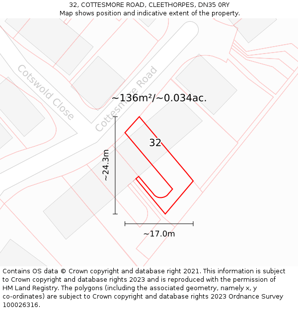 32, COTTESMORE ROAD, CLEETHORPES, DN35 0RY: Plot and title map