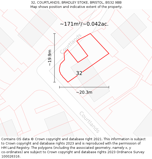 32, COURTLANDS, BRADLEY STOKE, BRISTOL, BS32 9BB: Plot and title map