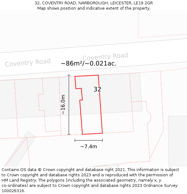 32, COVENTRY ROAD, NARBOROUGH, LEICESTER, LE19 2GR: Plot and title map
