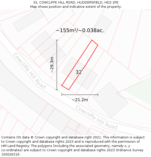 32, COWCLIFFE HILL ROAD, HUDDERSFIELD, HD2 2PE: Plot and title map