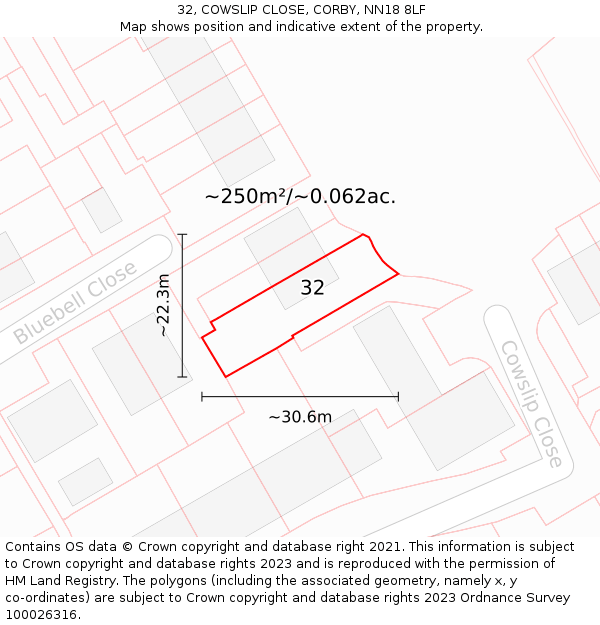 32, COWSLIP CLOSE, CORBY, NN18 8LF: Plot and title map