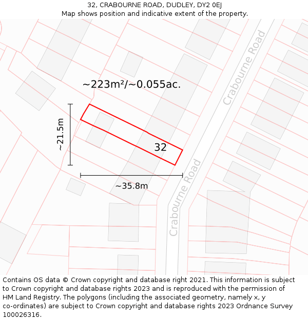 32, CRABOURNE ROAD, DUDLEY, DY2 0EJ: Plot and title map