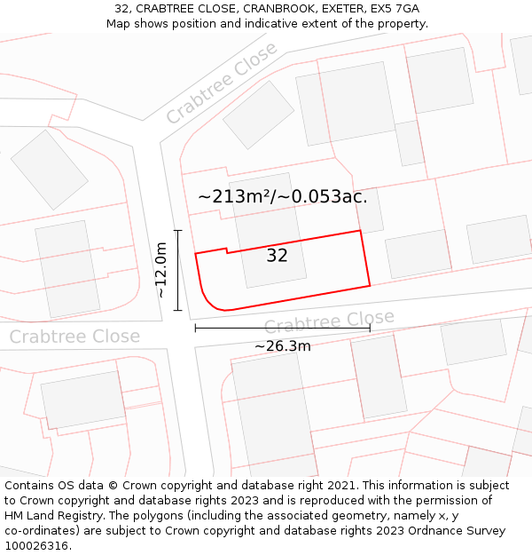 32, CRABTREE CLOSE, CRANBROOK, EXETER, EX5 7GA: Plot and title map