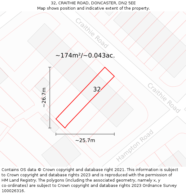 32, CRAITHIE ROAD, DONCASTER, DN2 5EE: Plot and title map