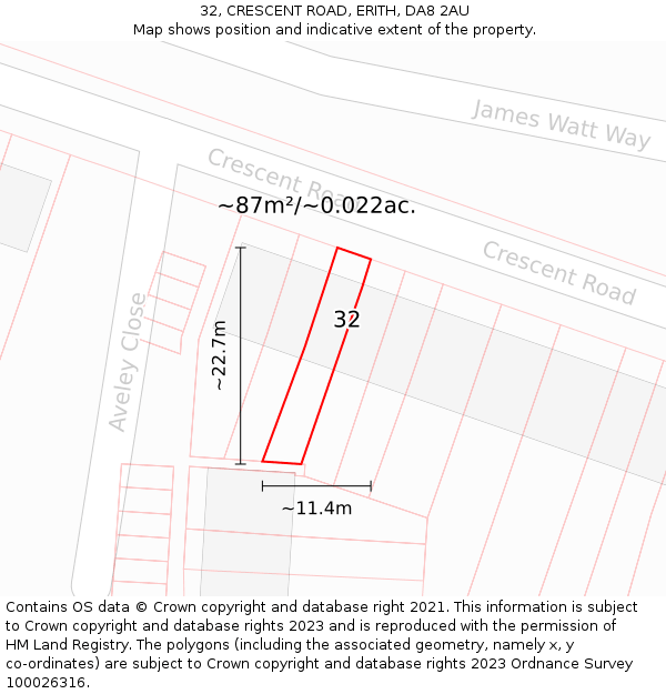 32, CRESCENT ROAD, ERITH, DA8 2AU: Plot and title map