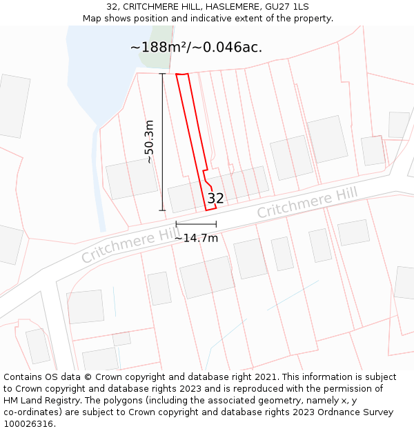 32, CRITCHMERE HILL, HASLEMERE, GU27 1LS: Plot and title map