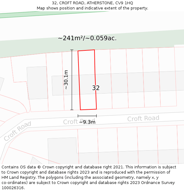 32, CROFT ROAD, ATHERSTONE, CV9 1HQ: Plot and title map