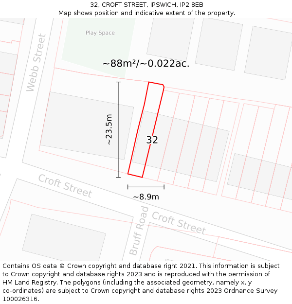 32, CROFT STREET, IPSWICH, IP2 8EB: Plot and title map
