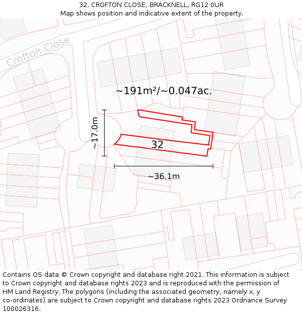 32, CROFTON CLOSE, BRACKNELL, RG12 0UR: Plot and title map