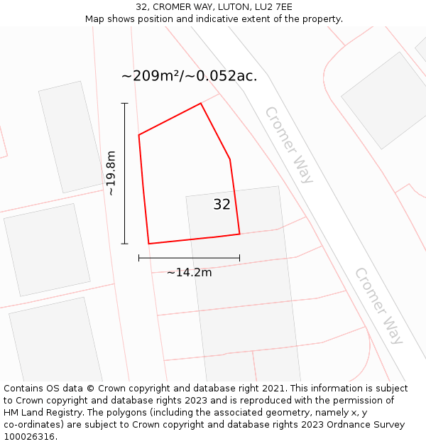 32, CROMER WAY, LUTON, LU2 7EE: Plot and title map