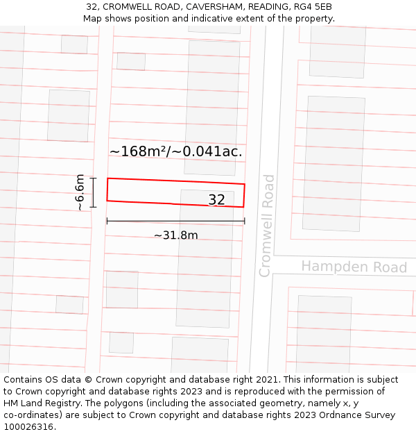 32, CROMWELL ROAD, CAVERSHAM, READING, RG4 5EB: Plot and title map