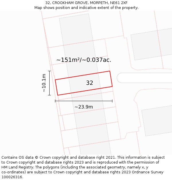 32, CROOKHAM GROVE, MORPETH, NE61 2XF: Plot and title map