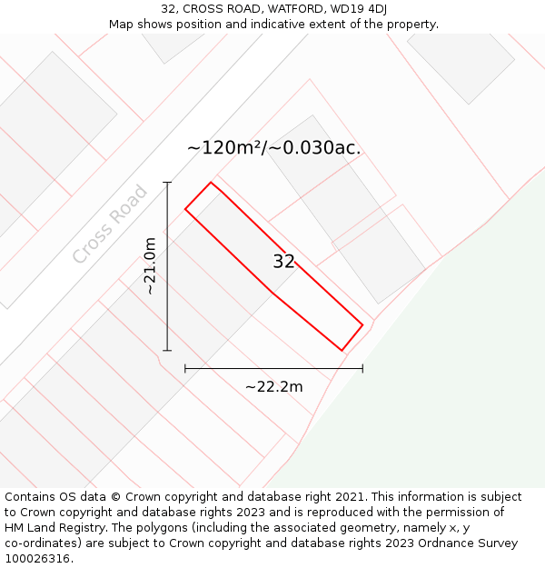 32, CROSS ROAD, WATFORD, WD19 4DJ: Plot and title map