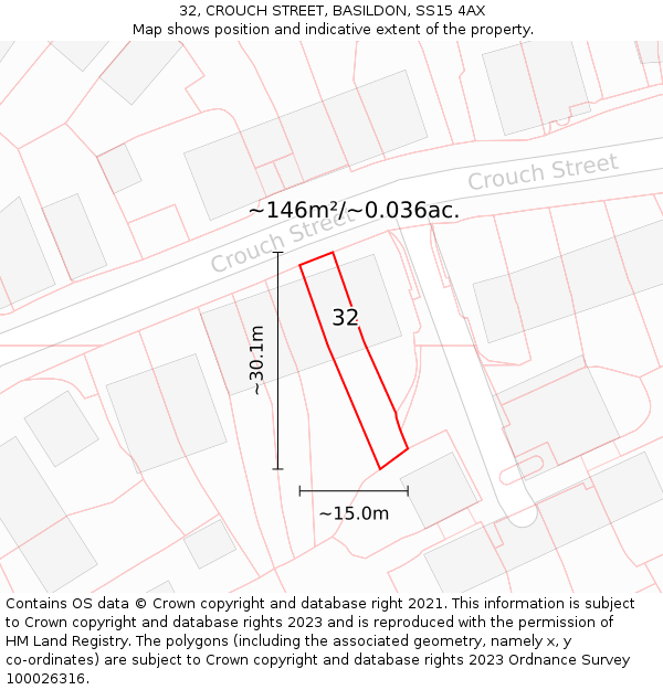 32, CROUCH STREET, BASILDON, SS15 4AX: Plot and title map