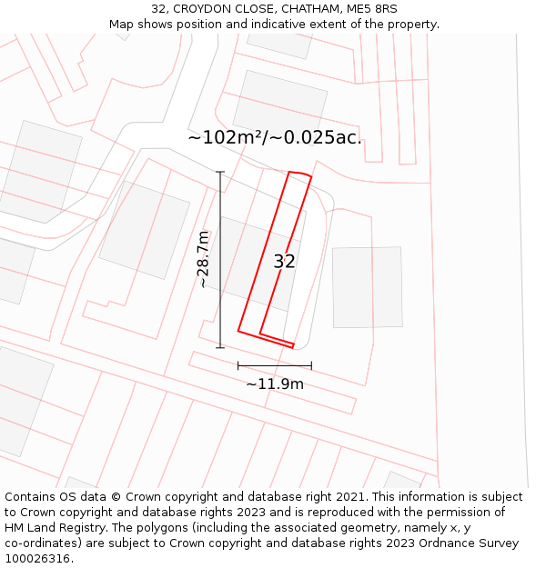 32, CROYDON CLOSE, CHATHAM, ME5 8RS: Plot and title map