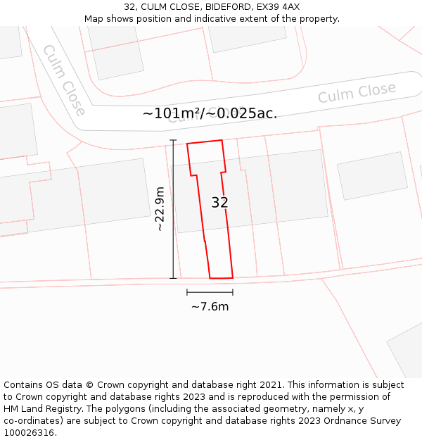 32, CULM CLOSE, BIDEFORD, EX39 4AX: Plot and title map