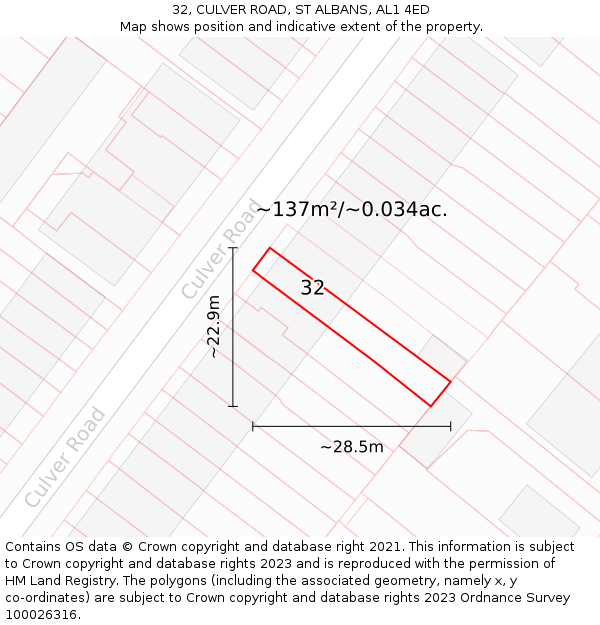 32, CULVER ROAD, ST ALBANS, AL1 4ED: Plot and title map
