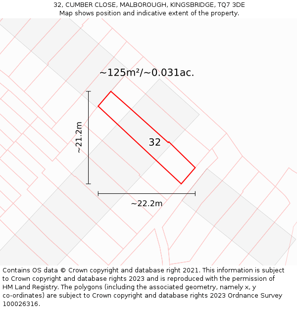 32, CUMBER CLOSE, MALBOROUGH, KINGSBRIDGE, TQ7 3DE: Plot and title map