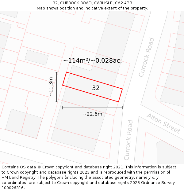 32, CURROCK ROAD, CARLISLE, CA2 4BB: Plot and title map