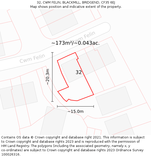 32, CWM FELIN, BLACKMILL, BRIDGEND, CF35 6EJ: Plot and title map