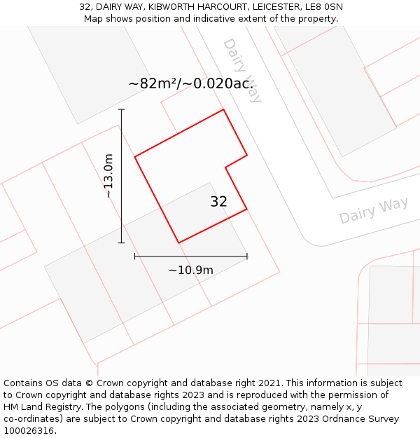 32, DAIRY WAY, KIBWORTH HARCOURT, LEICESTER, LE8 0SN: Plot and title map