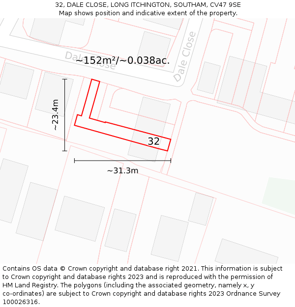 32, DALE CLOSE, LONG ITCHINGTON, SOUTHAM, CV47 9SE: Plot and title map