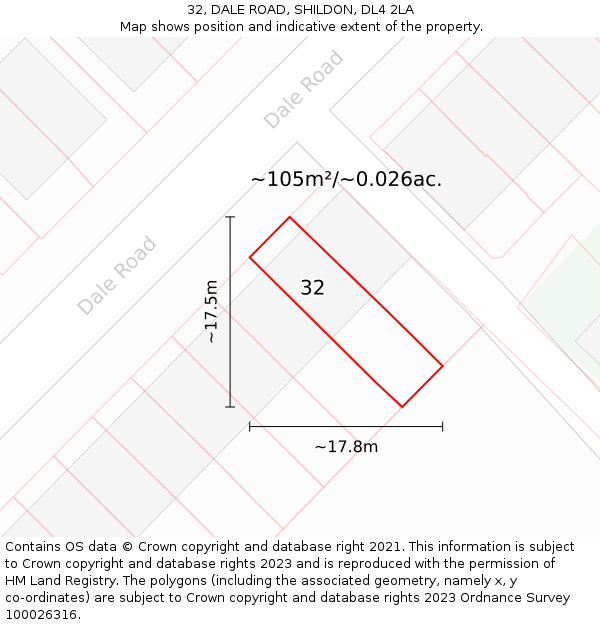 32, DALE ROAD, SHILDON, DL4 2LA: Plot and title map