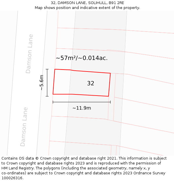 32, DAMSON LANE, SOLIHULL, B91 2RE: Plot and title map