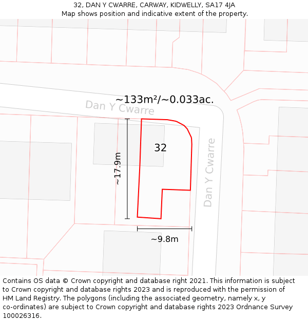 32, DAN Y CWARRE, CARWAY, KIDWELLY, SA17 4JA: Plot and title map