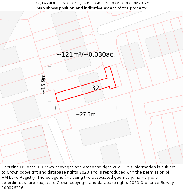 32, DANDELION CLOSE, RUSH GREEN, ROMFORD, RM7 0YY: Plot and title map