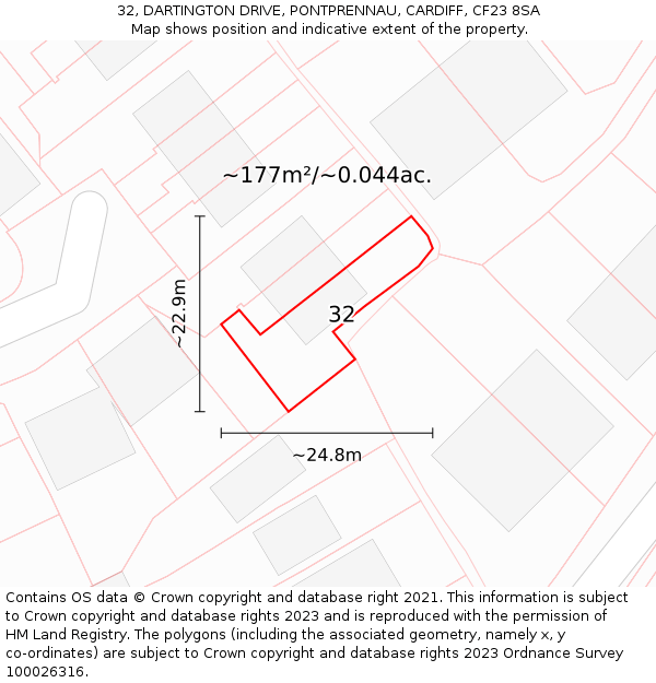 32, DARTINGTON DRIVE, PONTPRENNAU, CARDIFF, CF23 8SA: Plot and title map