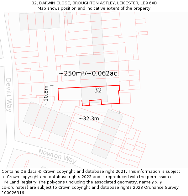 32, DARWIN CLOSE, BROUGHTON ASTLEY, LEICESTER, LE9 6XD: Plot and title map