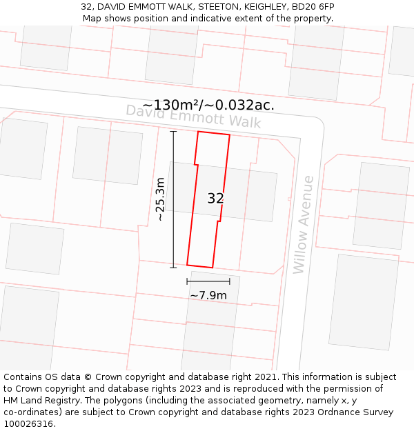32, DAVID EMMOTT WALK, STEETON, KEIGHLEY, BD20 6FP: Plot and title map