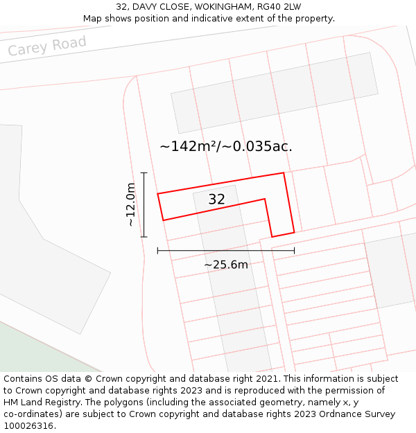 32, DAVY CLOSE, WOKINGHAM, RG40 2LW: Plot and title map