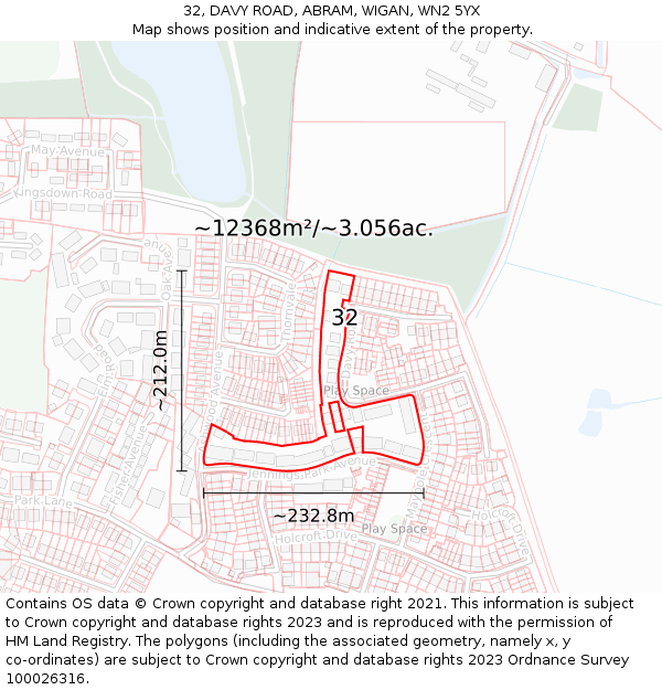 32, DAVY ROAD, ABRAM, WIGAN, WN2 5YX: Plot and title map