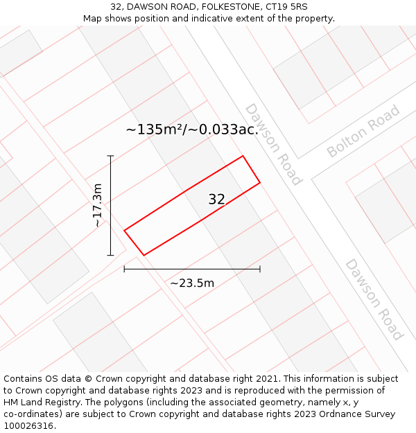 32, DAWSON ROAD, FOLKESTONE, CT19 5RS: Plot and title map