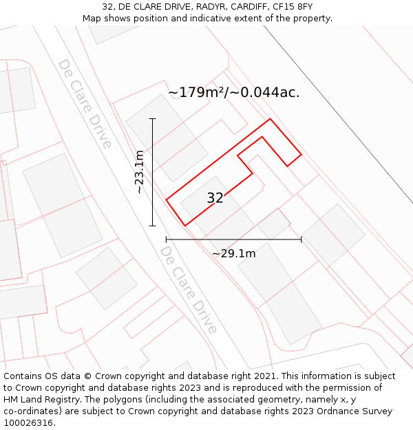 32, DE CLARE DRIVE, RADYR, CARDIFF, CF15 8FY: Plot and title map