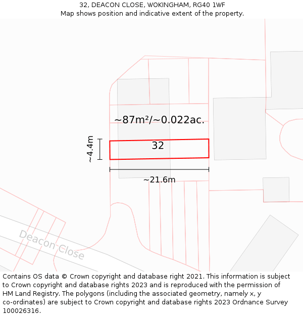 32, DEACON CLOSE, WOKINGHAM, RG40 1WF: Plot and title map