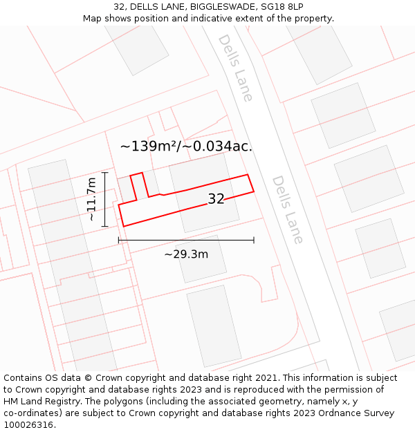 32, DELLS LANE, BIGGLESWADE, SG18 8LP: Plot and title map