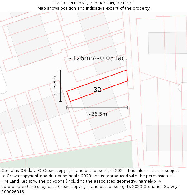 32, DELPH LANE, BLACKBURN, BB1 2BE: Plot and title map
