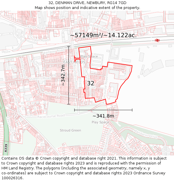 32, DENMAN DRIVE, NEWBURY, RG14 7GD: Plot and title map