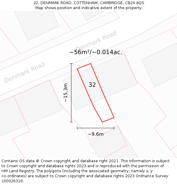 32, DENMARK ROAD, COTTENHAM, CAMBRIDGE, CB24 8QS: Plot and title map