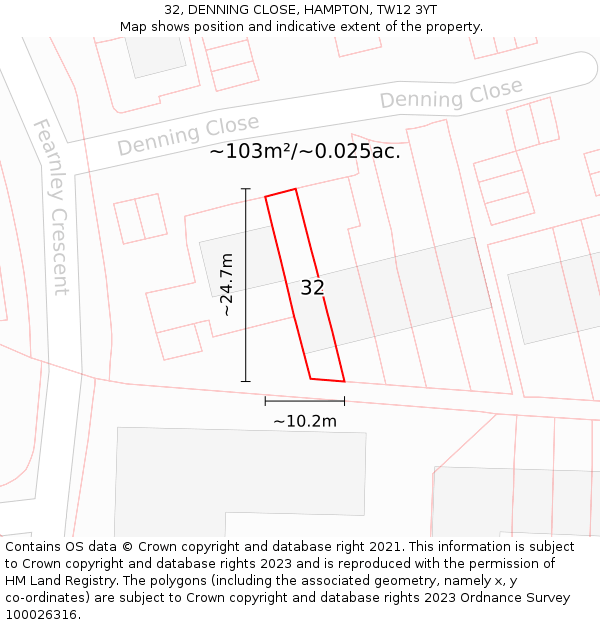 32, DENNING CLOSE, HAMPTON, TW12 3YT: Plot and title map