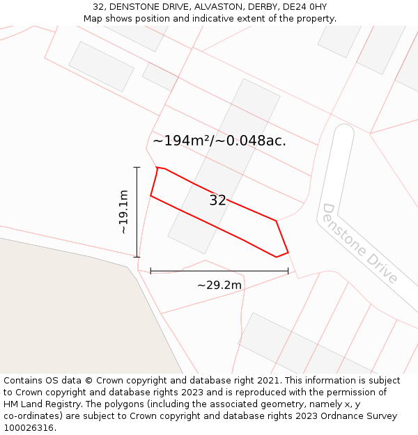 32, DENSTONE DRIVE, ALVASTON, DERBY, DE24 0HY: Plot and title map