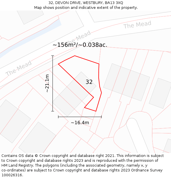 32, DEVON DRIVE, WESTBURY, BA13 3XQ: Plot and title map